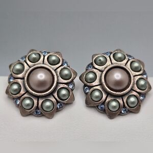 Myka Floral Faux Pearl Stud Earrings 7/8" Vintage Signed